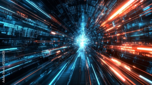 Digital Tunnel Blue and Orange Data Stream  Abstract Speed Concept  3D Render  Cyber Space  Futuristic Technology Cyberpunk  Data Visualization