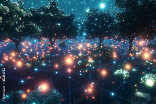 Illuminated Trees Connected In A Nighttime Network