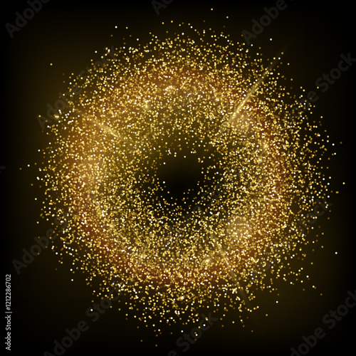 Gold glitter round frame vector illustration. Golden dust ring. Circular luxury design. Shine circle banner. Isolated on black background.