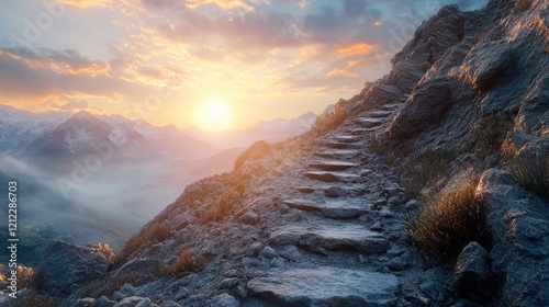 Rocky Trail Leading to Beautiful Sunrise in a Mountain Landscape