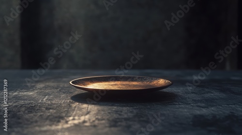 Vintage Round Plate on Rustic Wooden Table with Soft Lighting