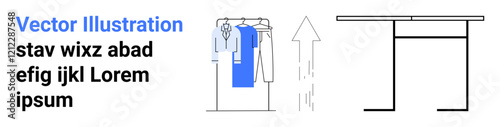 Clothes hanging on a rack, with an arrow pointing upwards and a table. Ideal for retail management, wardrobe organization, fashion display, storage solutions, home decor, small businesses. Landing