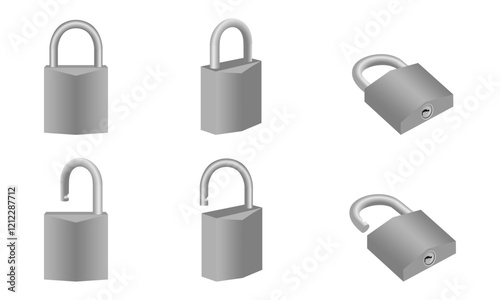 locked and unlocked padlock set with different view. vector illustration isolated on white background.