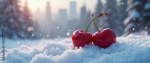 two red cherries lying in the snow in the middle of the street.