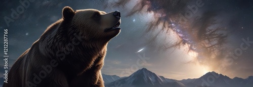 Majestic illustration of a bear in awe of the celestial wonders, bear, majestic, awe, stars, celestial wonders