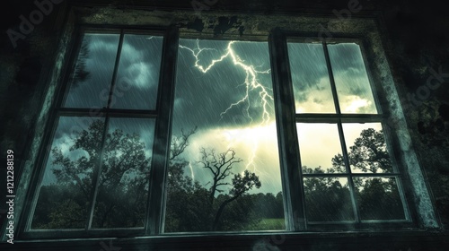 Stormy Weather Outside Window with Lightning and Heavy Rainfall