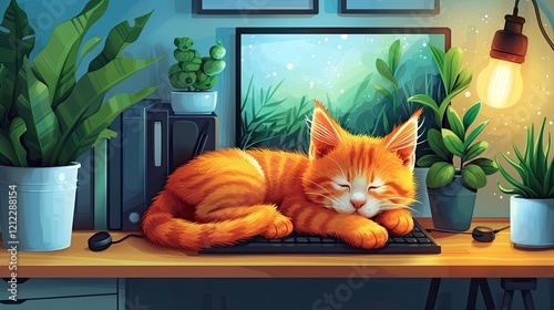 A cat snoozes on the keyboard, unknowingly ending a crucial video call in this quirky flat design illustration photo