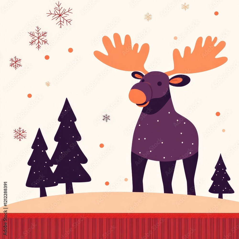 Naklejka premium A whimsical illustration of a moose among snowflakes and trees, evoking a winter theme.
