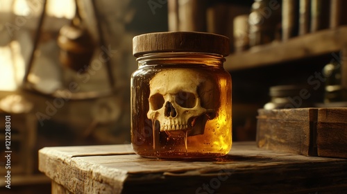 Skull in Jar with Amber Liquid in Mystical Witch's Workshop