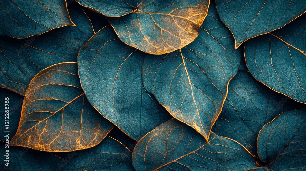 Obraz premium Teal and Gold Leaf Overlay Abstract Nature Composition, Botanical Texture, Close-up Photography Leaf Texture, Nature Photography