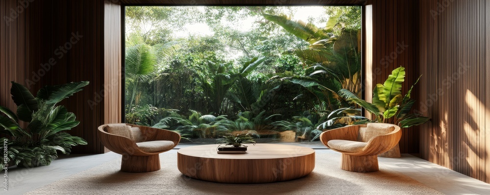 Fototapeta premium Tranquil Jungle Room Two Wooden Chairs, Round Coffee Table, Lush Greenery, 3D Render, Interior Design Interior Design, Tropical Aesthetic