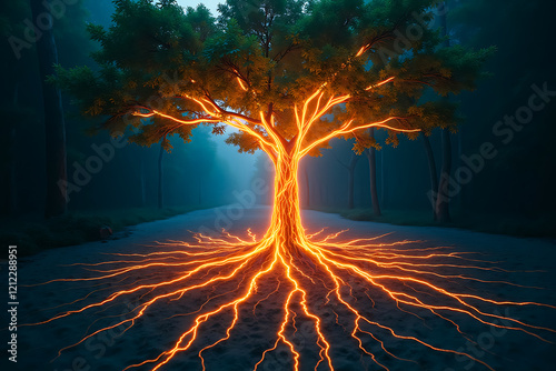 Glowing tree root system resembling electrical grid representing nature's energy connection photo