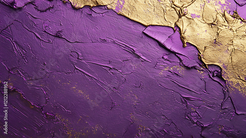 A visually rich abstract artwork with a combination of purple and gold ink on textured paper, featuring intricate patterns and luxurious appeal. photo