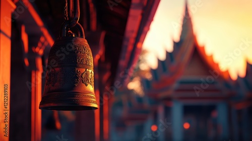 Serene Temple Bell Against Vibrant Sunset Background