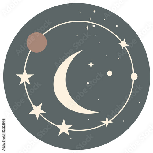 Celestial vector with moon, stars, orbits, starburst, and planet shapes in charcoal gray, off-white, and warm taupe, fit for wall art, branding, and digital decor