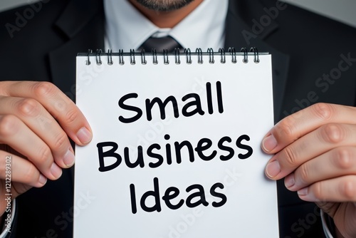 Professional individual presenting a notepad with 'Small Business Ideas' written in bold letters, reflecting entrepreneurship and innovation in a corporate setting.