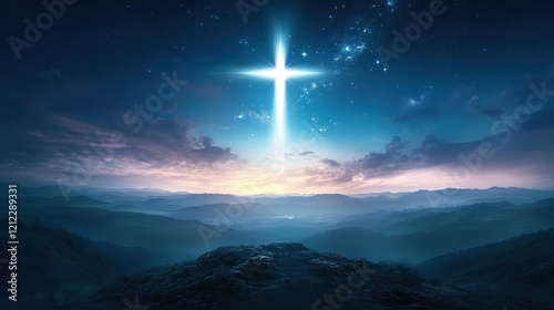 Dramatic Night Sky with Bright Cross Illuminating Mountain Landscape