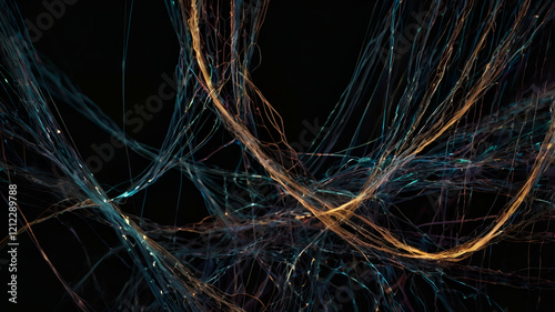 Abstract representation of time as flowing, glowing threads in a dark void

