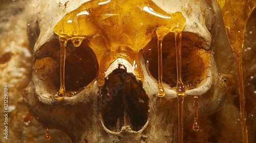 Skull Covered in Golden Honey Dripping From a Human Skull