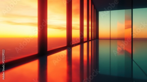 Sunset Reflection in Modern Interior with Large Glass Windows