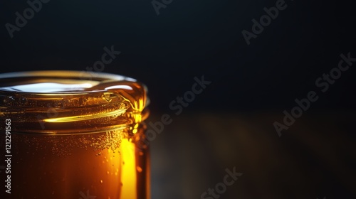 Close-up of Glowing Honey Jar with Amber Liquid and Bubbles