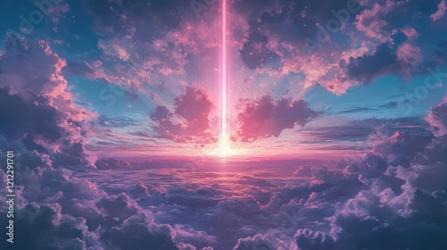 Ethereal Sky with Vibrant Clouds and a Radiant Beam of Light