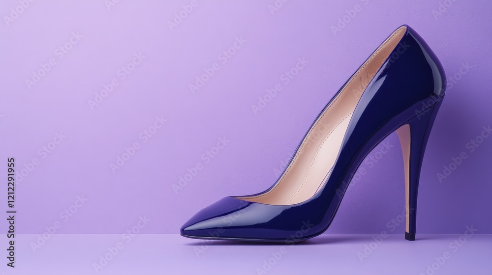 Chic navy blue high heels on a muted lavender background with clean lines and soft lighting. Chic navy blue high heels on a muted lavender background with clean lines and soft lighting.