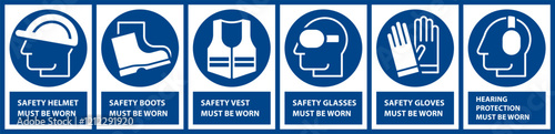 Mandatory sign set, Protective workwear icons, Safety work equipment and protective clothing, Construction safety labels