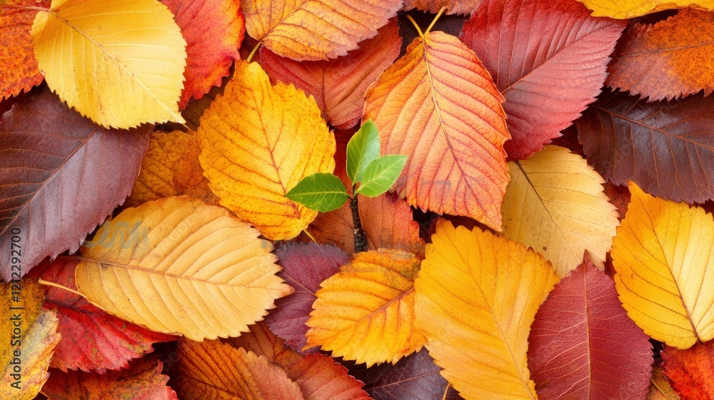 A variety of autumn leaves with a small green sprout emerging from the center. A variety of autumn leaves with a small green sprout emerging from the center.