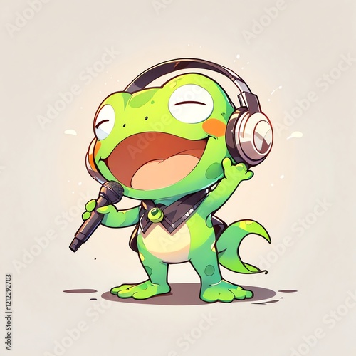 Singing Frog with Headphones: A Joyful Cartoon Illustration photo