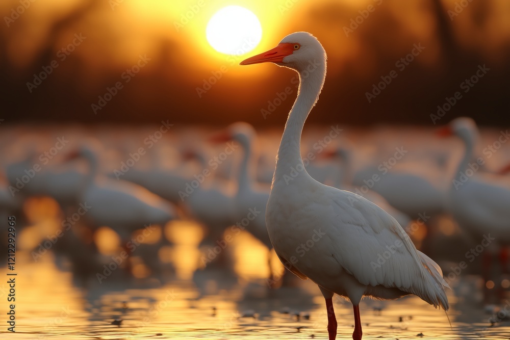 Fototapeta premium Majestic white bird standing in shimmering water during sunset against a backdrop of golden sun and blurred flock