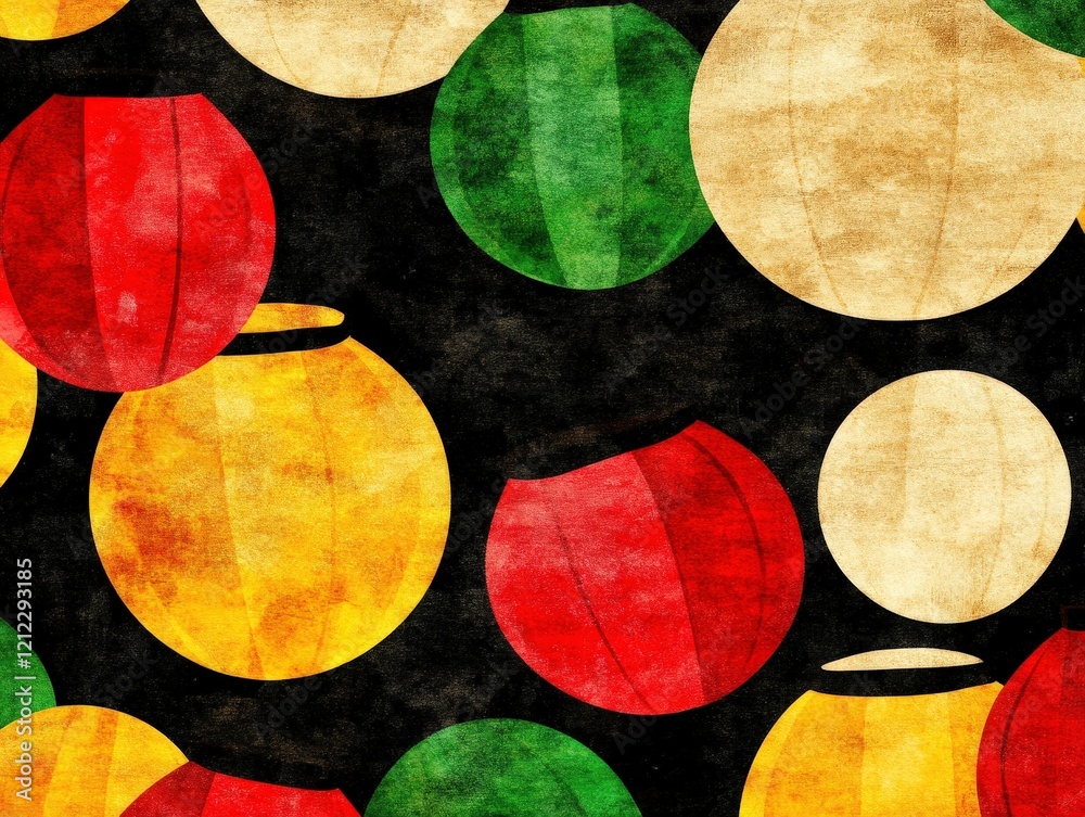 A vibrant abstract pattern featuring colorful lantern shapes on a dark background. A vibrant abstract pattern featuring colorful lantern shapes on a dark background.