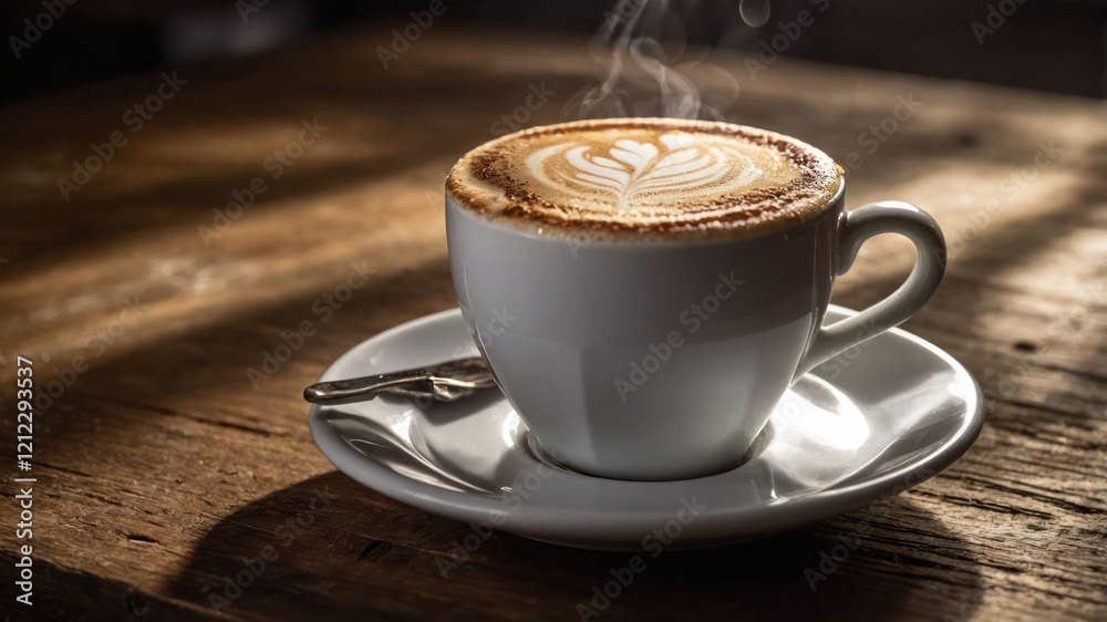 A steaming cup of coffee with latte art, resting on a wooden table. A steaming cup of coffee with latte art, resting on a wooden table.