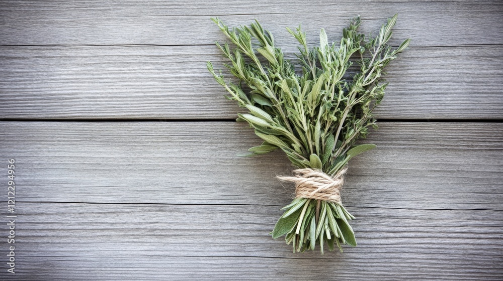 A bundle of fresh herbs tied with twine on a wooden surface. A bundle of fresh herbs tied with twine on a wooden surface.