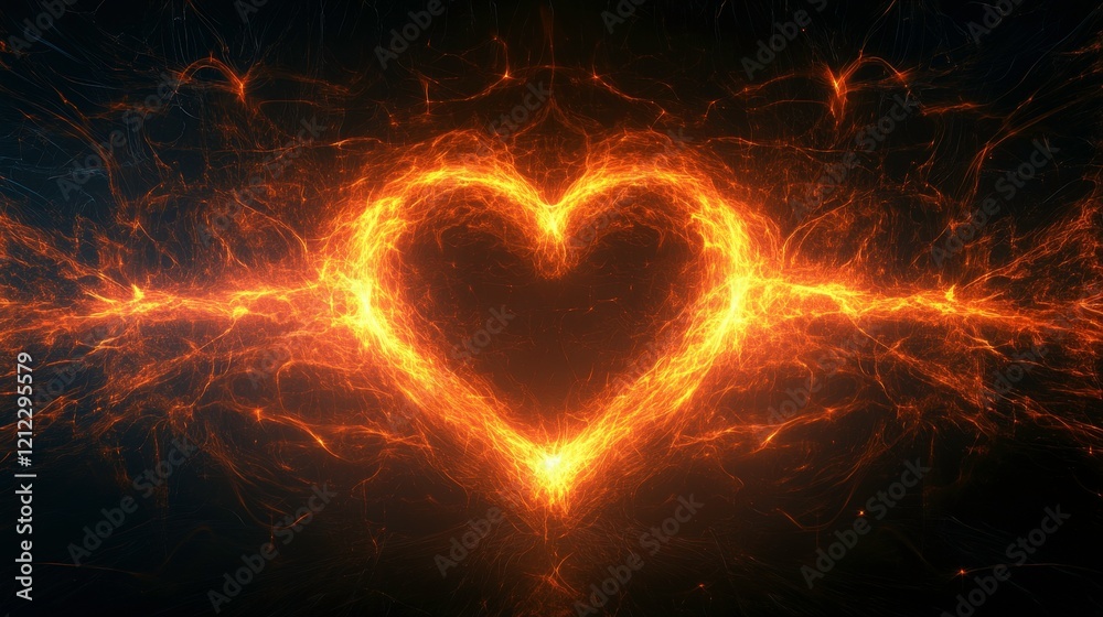 Fototapeta premium A glowing heart shape formed by vibrant golden sparks on a dark background.