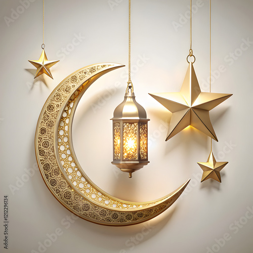 golden cresent moon with latren on white photo