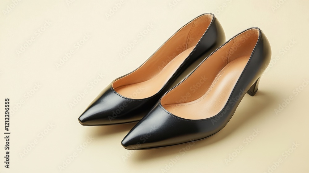 Stylish black block heels displayed on a warm beige background with soft natural shadows. Stylish black block heels displayed on a warm beige background with soft natural shadows.