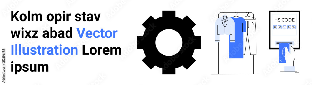 Large gear icon, clothing rack with hanging garments, product scanner displaying HS code. Ideal for e-commerce, logistics, inventory management, retail, technology integration, global trade online Large gear icon, clothing rack with hanging garments, product scanner displaying HS code. Ideal for e-commerce, logistics, inventory management, retail, technology integration, global trade online