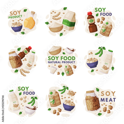 Composition with Soy Products from Soybean Plant with Soy Meat, Oil and Milk Vector Set