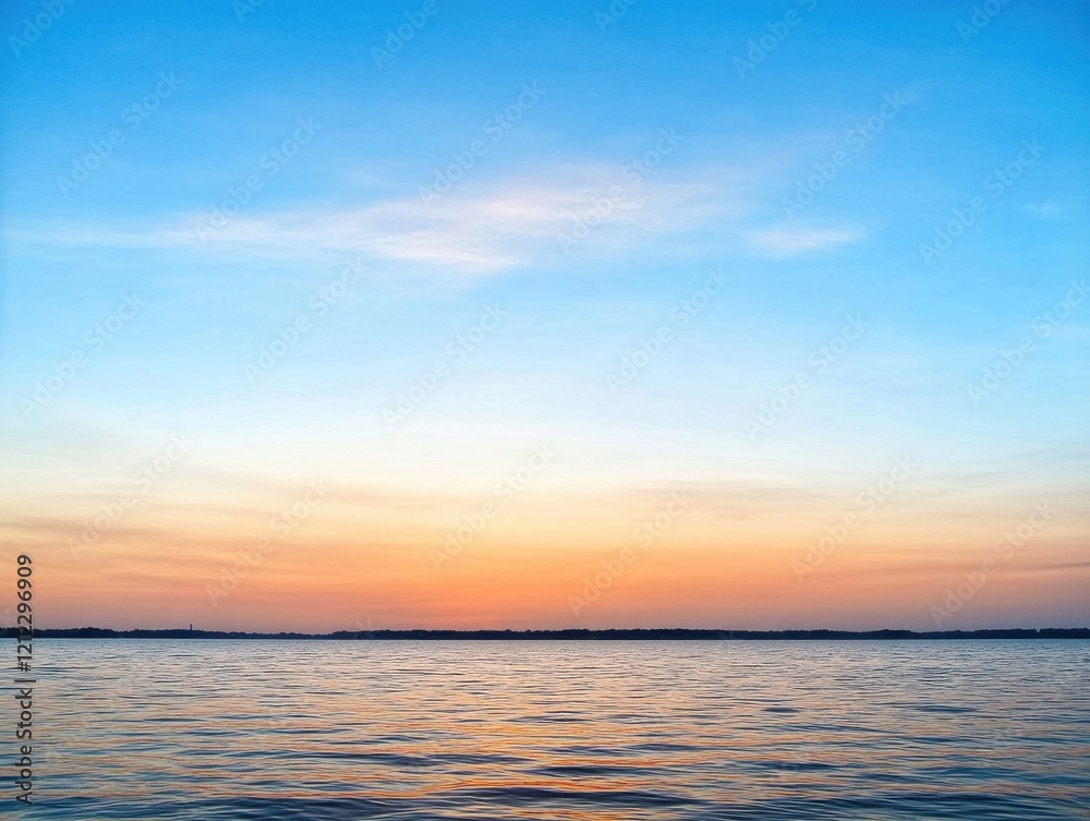 A serene sunset over calm waters, showcasing a gradient of blues and warm hues reflecting on the surface, evoking tranquility and natural beauty. A serene sunset over calm waters, showcasing a gradient of blues and warm hues reflecting on the surface, evoking tranquility and natural beauty.