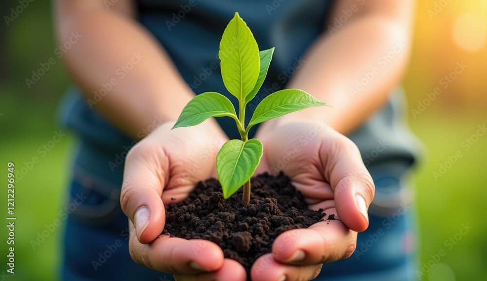 Hands Holding a Small Green Plant in Rich Dark Soil: Symbol of Growth, Sustainability, and Environmental Care Hands Holding a Small Green Plant in Rich Dark Soil: Symbol of Growth, Sustainability, and Environmental Care