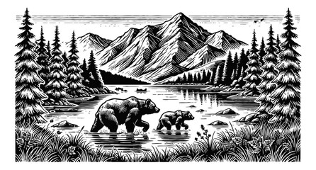 Fototapete Grau 2 mountain landscape with a lake in the foreground, two bears walking in the water engraving black and white outline  © slowbuzzstudio