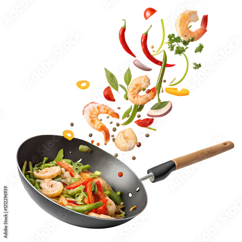 a wok in the middle of a sizzling stir-fry process, transparent background photo
