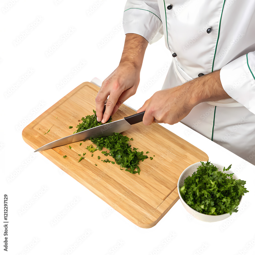 a chef’s hands chopping fresh herbs, transparent background a chef’s hands chopping fresh herbs, transparent background