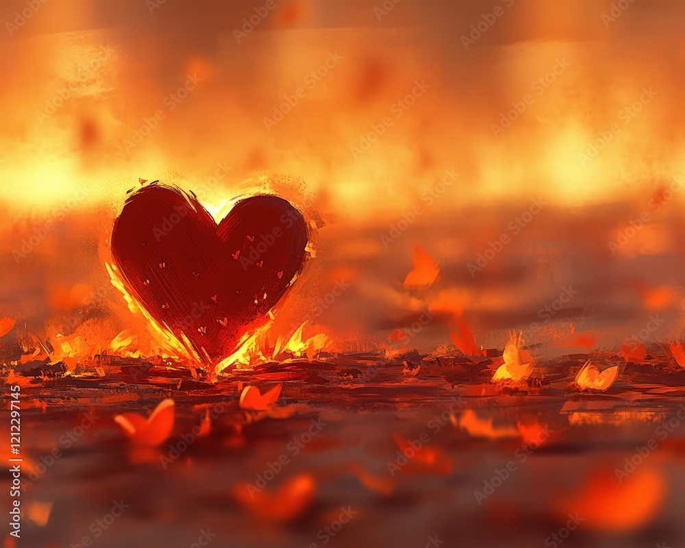 Fototapeta premium A glowing heart amidst swirling embers and leaves, symbolizing passion and warmth.