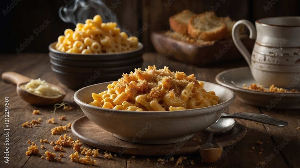 A cozy bowl of macaroni and cheese, garnished with breadcrumbs, served with bread. A cozy bowl of macaroni and cheese, garnished with breadcrumbs, served with bread.