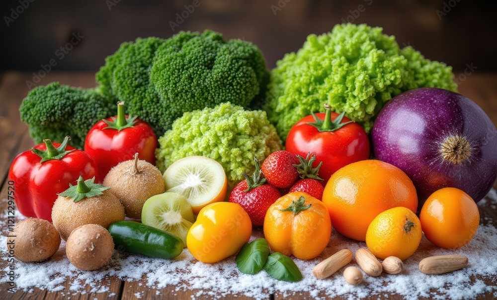 Fresh organic vegetables and fruits display Fresh organic vegetables and fruits display