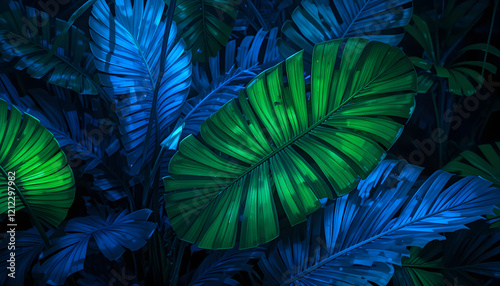 Close-up top view of vibrant green and deep blue tropical plant leaves with visible veins and dark background