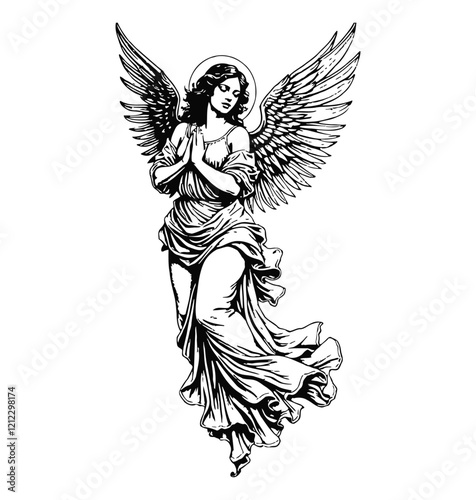 woman angel engraving black and white outline