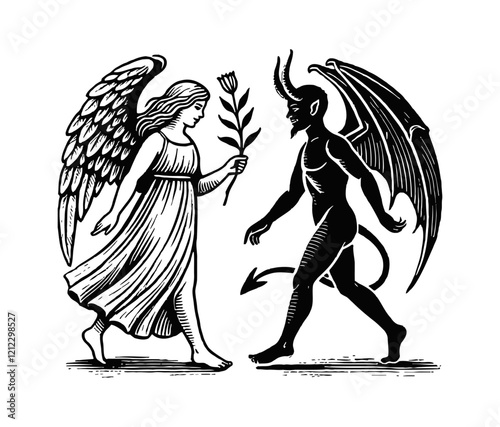 angel holding leaf and demon engraving black and white outline